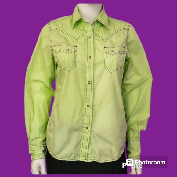 Life STYLE Cowboy Core Neon Acid Green Snap Button Western Rodeo Shirt - Picture 1 of 5